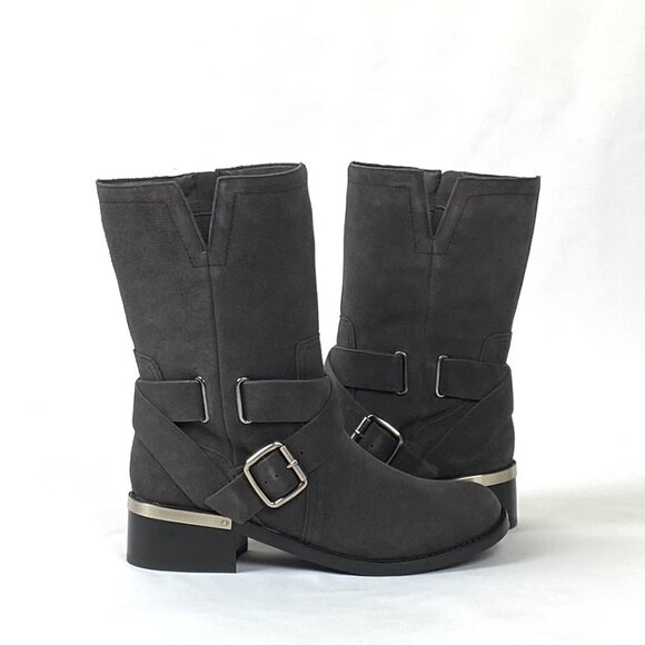 New Vince Camuto Wethima Shady Grey Suede Leather Mid-Calf Engineer Boot 8 - Picture 2 of 11
